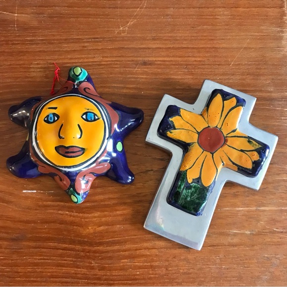 Mexican Talavera hand painted Pottery Sun & Cross Pewter Wall Hanging 3.5”x4.5” - Picture 1 of 15